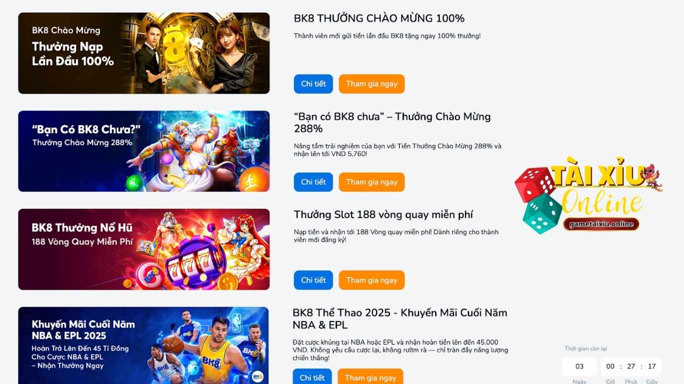 Danh sách ưu đãi độc quyền tại BK8